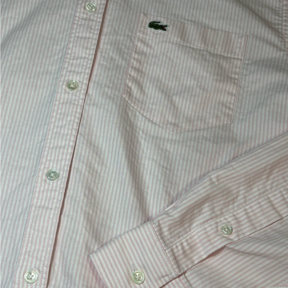 Lacoste Mens L Pink White Stripe Button Down Shirt Regular Fit Crocodile Logo - Picture 3 of 11